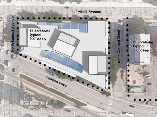 Illustration showing the location of the bore hols around the perimeter of each building