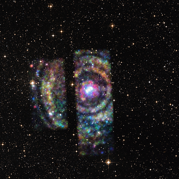 Residing in the plane of the Milky Way, where it cannot be observed by optical telescopes because of obscuring clouds of interstellar dust, Circinus X-1 is the glowing husk of a binary star system that exploded in a supernova event just 2,500 years ago. It consists of a very dense neutron star locked in the orbital embrace of a companion star.