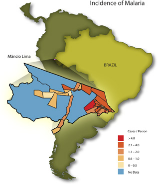 Map image depicting the correlation of malaria with land use in 54 Brazilian health districts deep in the Amazon.