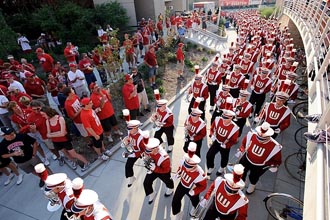 Photo of the UW Marching band arriving at Union South