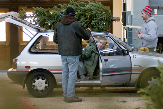 Photo of patron picking up Christmas tree