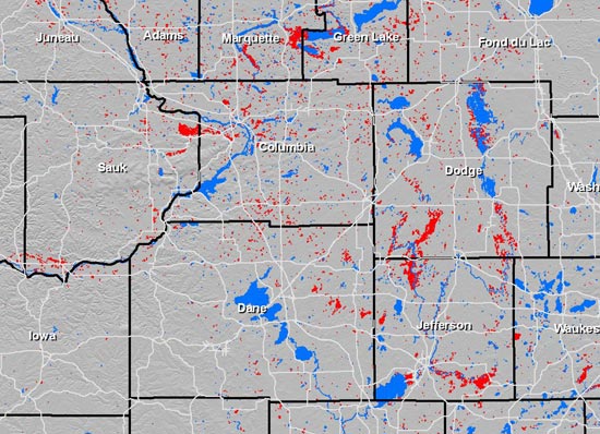 Portion of image generated by Wisconsin View showing flooding in southern Wisconsin