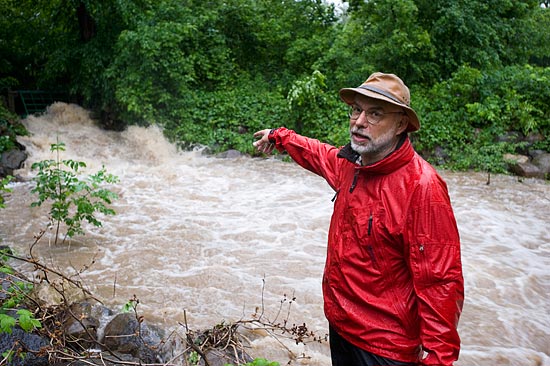 Photo of David Leibl, talking about runoff problems in the Arboretum